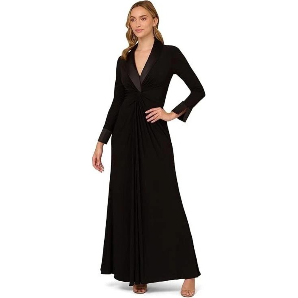 Adrianna Papell Black Tuxedo Gown Satin Shawl Collar Ruched Maxi Dress 8
